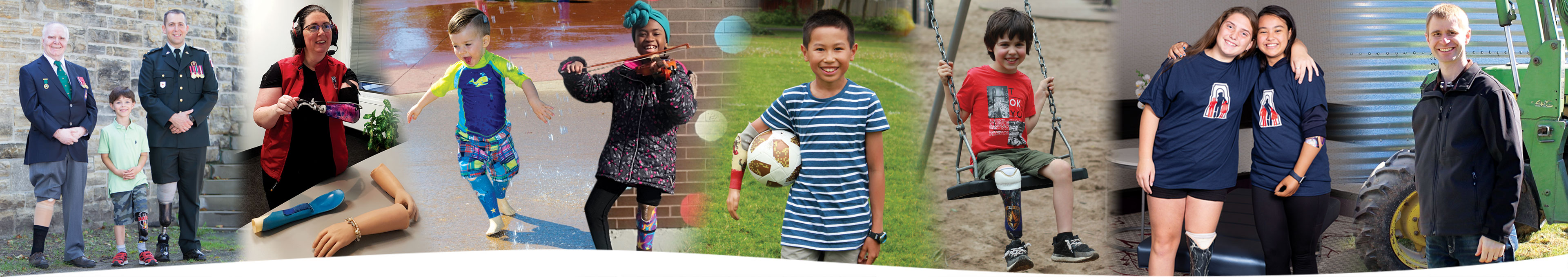 A collection of images showing amputees of all ages playing sports or doing activities, as well as a photo of two war amputee veterans.