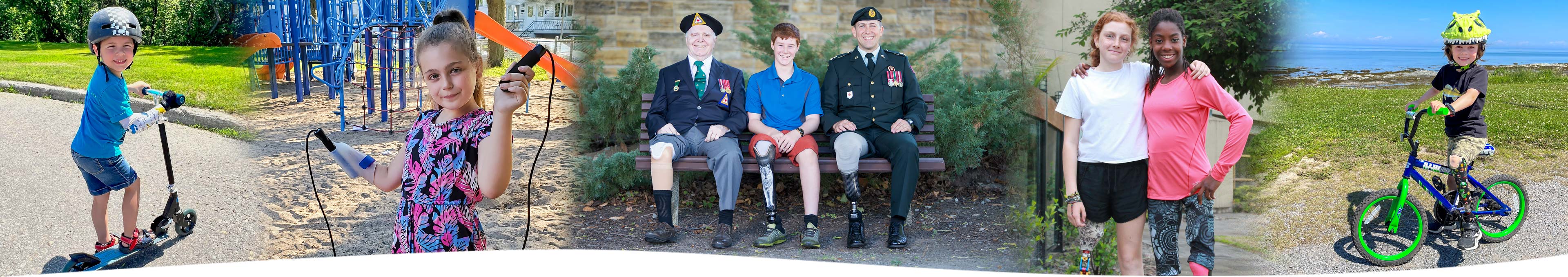 Un montage de photos montrant des jeunes amputés pratiquant diverses activités ainsi que deux anciens combattants amputés.