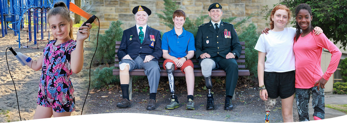 Un montage de photos montrant des jeunes amputés pratiquant diverses activités ainsi que deux anciens combattants amputés.