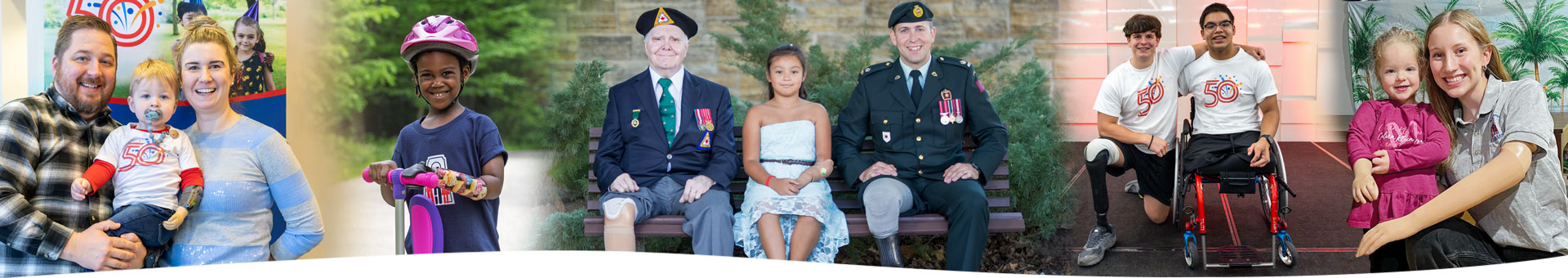 Un montage de photos montrant des jeunes amputés pratiquant diverses activités ainsi que deux anciens combattants amputés.