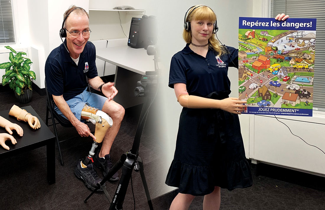 Un homme amputé d’une jambe est assis sur une chaise et explique le fonctionnement de sa jambe artificielle lors d’une présentation virtuelle et une jeune femme amputée d’un bras montre son membre artificiel pendant l’animation d’une séance virtuelle. 