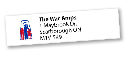 Address label design featuring The War Amps logo.