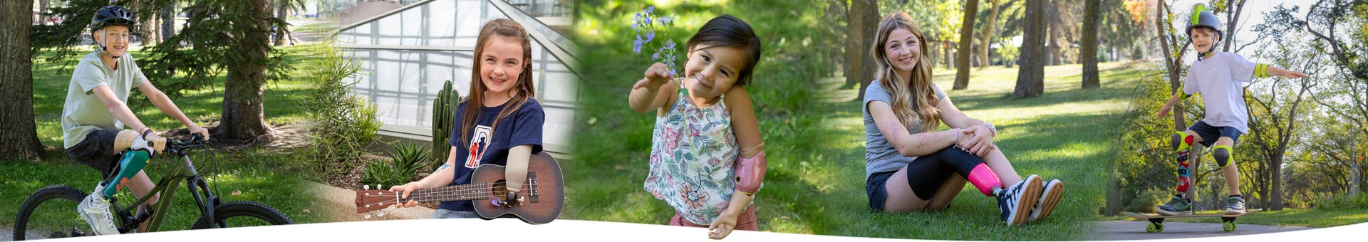 Un montage de photos montrant de jeunes amputés à l’extérieur qui portent un membre artificiel.