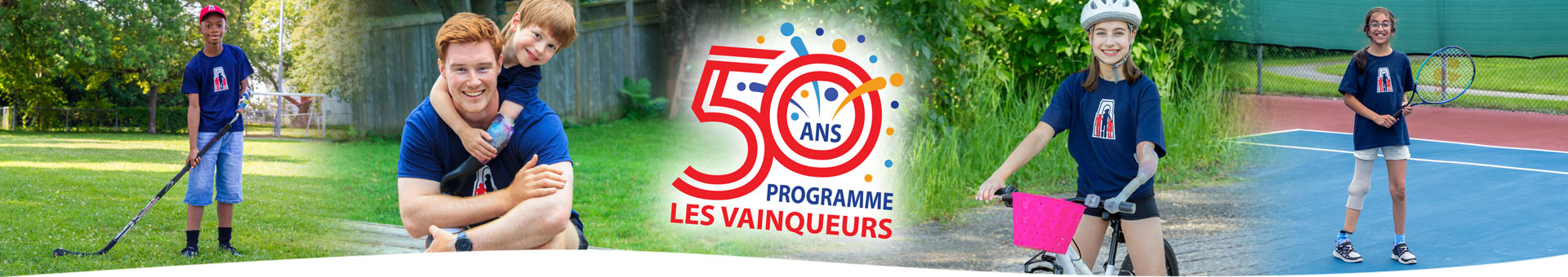 Un assortiment de photos montrant de jeunes amputés en train de participer à des activités. On peut y lire la mention : Programme LES VAINQUEURS 50 ans.