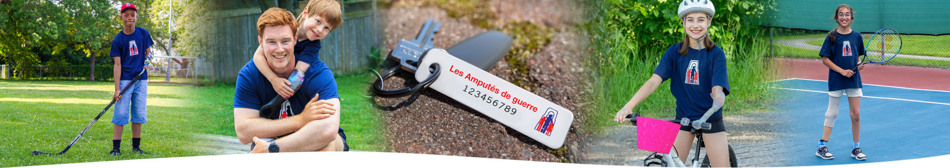 Plusieurs photos de jeunes amputés en train de participer à des activités ainsi qu’une photo d’un trousseau de clés muni d’une plaque porte-clés de l’Association des Amputés de guerre.