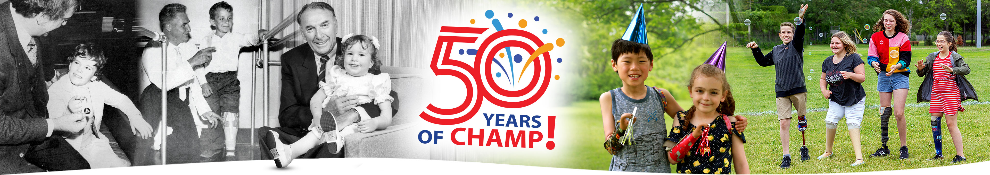 A collage of modern and historical photos of child amputees with the words “50 years of CHAMP!”. 