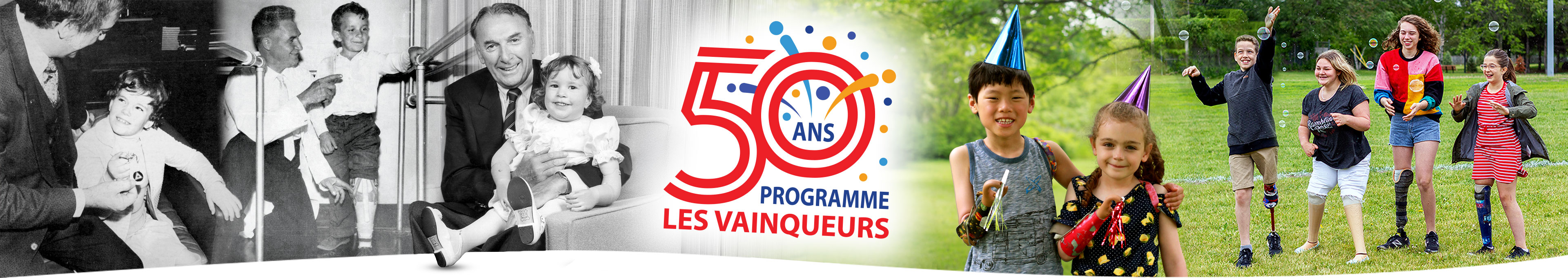 Un montage de photos historiques et récentes d'enfants amputés avec les mots « 50 ans Programme LES VAINQUEURS ».