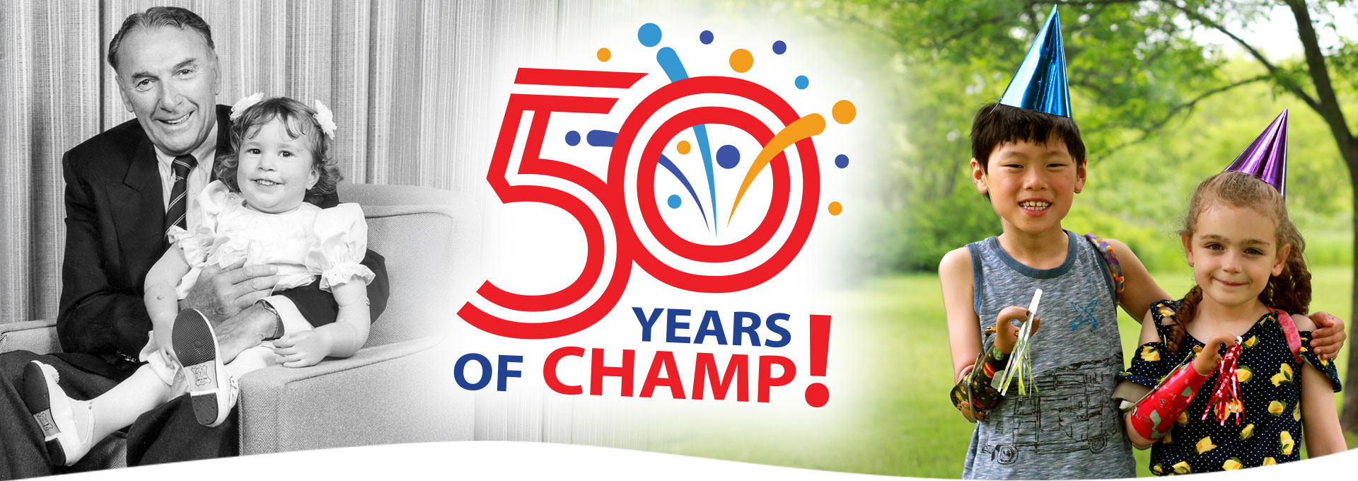 A collage of modern and historical photos of child amputees with the words “50 years of CHAMP!”. 