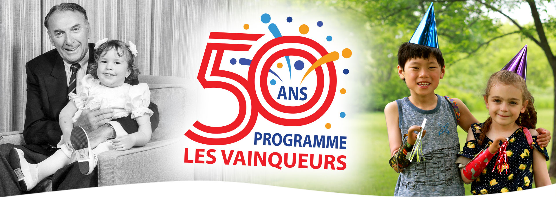 Un montage de photos historiques et récentes d'enfants amputés avec les mots « 50 ans Programme LES VAINQUEURS ».