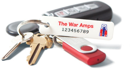 A set of keys with a War Amps key tag attached. Order key tags.