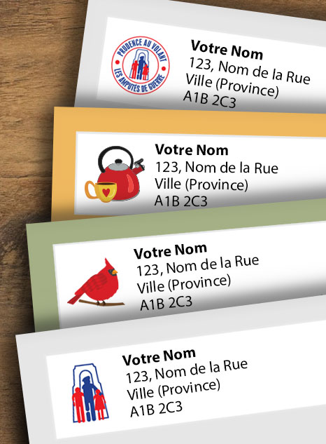 Un assortiment des différents modèles d’étiquettes-adresse que nous offrons.