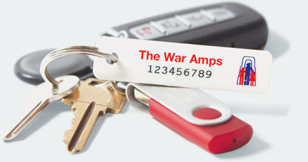 A set of keys with a War Amps key tag attached. Order key tags.